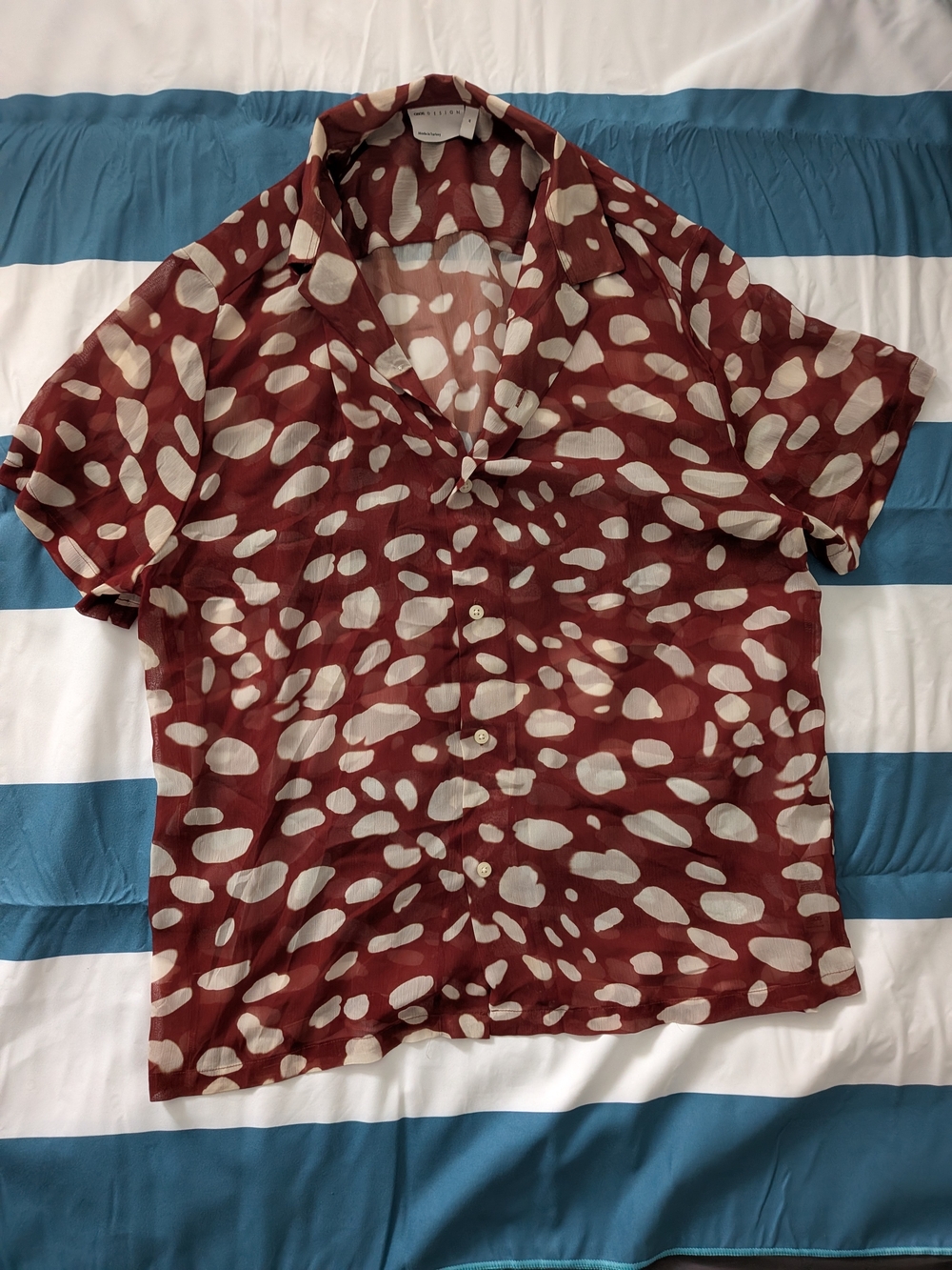 ASOS Maroon Sheer Short-Sleeve Button-Up Shirt with Cream Spot Pattern